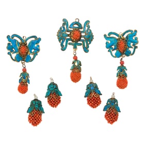 (lot of 7) Chinese kingfisher feather and coral pendants