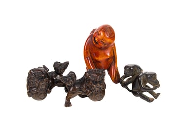 (lot of 3) Japanese wood netsuke and a Chinese boxwood figure