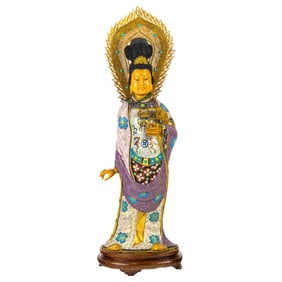 A Chinese cloisonne enamel and gilt-silver filigree figure of Guanyin