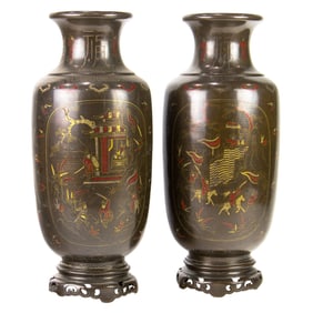 (lot of 2) Chinese bronze vases with silver wire inlay