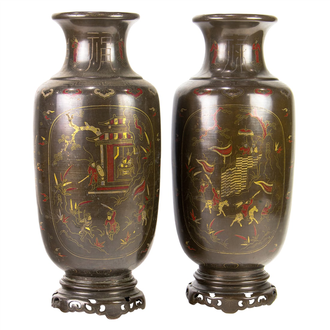 (lot of 2) Chinese bronze vases with silver wire inlay (1 of 5)