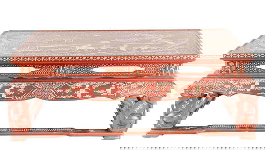 A Chinese mother-of-pearl inlaid lacquer low table: A Chinese mother-of-pearl inlaid lacquer low table. Featuring figures in garden setting, 17th century, 7.75"h x 22"w x 12.75"d.