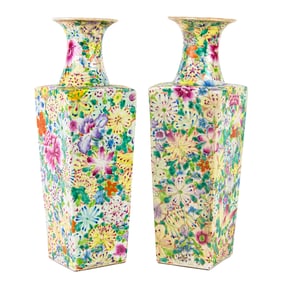 Pair of Chinese famille rose mille fleur square-form vases