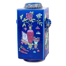 A Chinese famille rose blue ground square-form vase
