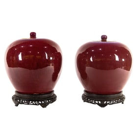 Pair of Chinese flambe glazed melon-form jars
