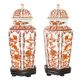 (lot of 2) Chinese iron-red painted hexagonal urns