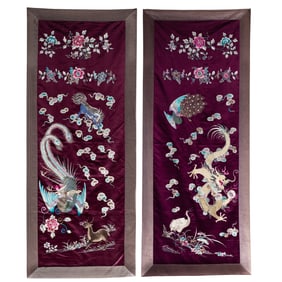 Pair of Chinese embroidered dragon and phoenix panels