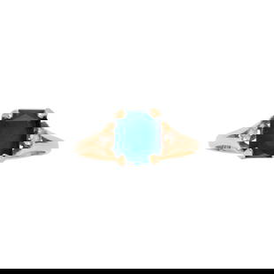 A sapphire, diamond and 14k gold ring: A sapphire, diamond and 14k gold ringFeaturing a emerald-cut sapphire, flanked on either side by a single-cut diamond; 1.90 grams; size: 5 1/4