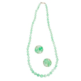 A pair of jade and fourteen karat gold earrings and necklace suite