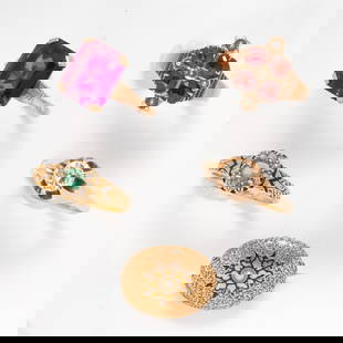 A group of antique gemstone and gold rings: A group of antique gemstone and gold ringsset with diamond, sythetic pink gemstone, citrine, seed pearl and green beryl along with a seed pearl and enamel brooch; gross weight: 13.61 grams