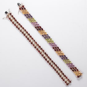 Two silver and gemstone bracelets
