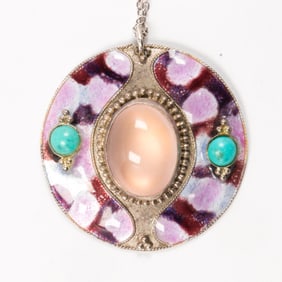 A moonstone, turquoise, enamel, and silver necklace