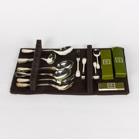 A lot of Christofle silverplate flatware serving pieces in the Chinon pattern