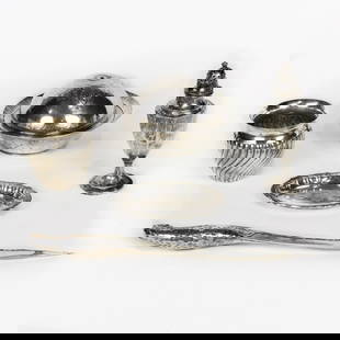 A group of sterling and 800-silver standard table articles: A group of sterling and 800-silver standard table articles, comprising sterling shaker, 6.75"h; (1) sterling covered dish, 7"dia; (1) sterling handled carving knife, possibly Asian, 13.5"l; (1) 800-si