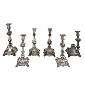 Three pairs of Polish silver-plated candlesticks including Judaica Shabbat