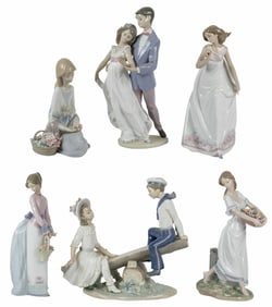 A six-piece collection of Lladro porcelain figures of women and courting scenes