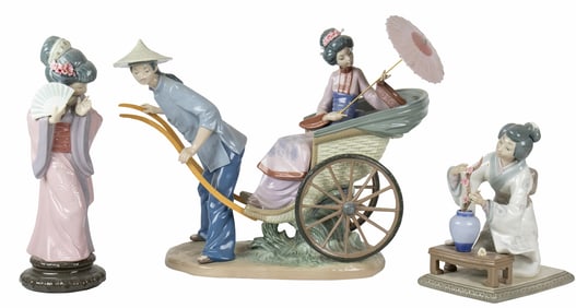 Three Lladro porcelain Japanese figures, comprising of a Rickshaw figural group