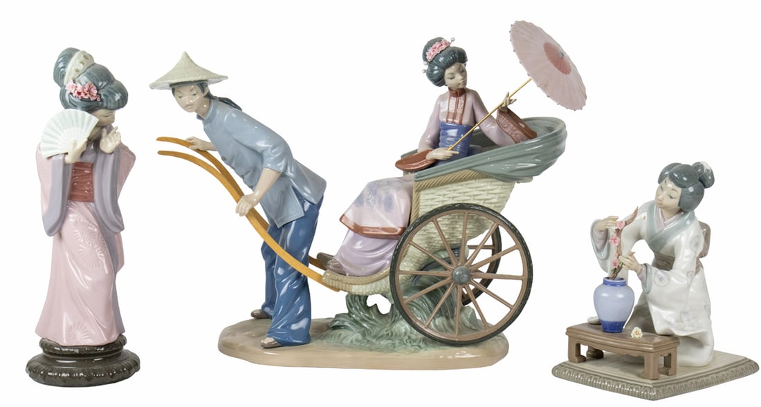 Three Lladro porcelain Japanese figures, comprising of a Rickshaw figural group (1 of 6)