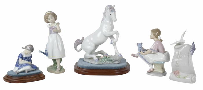 A group of five Lladro porcelain figures, comprising a unicorn, children and Lladro Society banner: A group of five Lladro porcelain figures, comprising a unicorn, children and Lladro Society banner, including one child accompanied by a wood base. Greatest 8.5"h