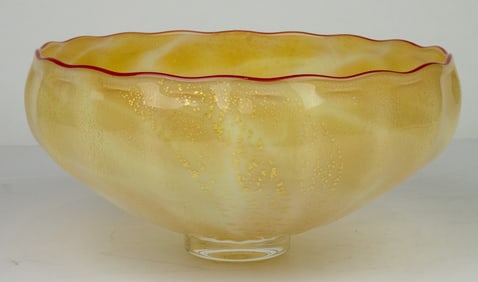 A Richard 'Dick' Huss art glass bowl with red rim, signed & dated to base