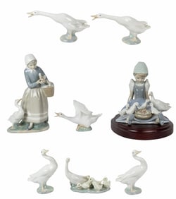 An eight-piece collection of Lladro porcelain figures of young women with geese