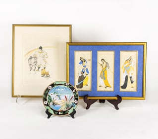 Three Indian Mughal paintings, framed together; (1) editioned lithograph of circus figures, etc