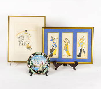 Three Indian Mughal paintings, framed together; (1) editioned lithograph of circus figures, etc: Three Indian Mughal paintings, framed together; (1) editioned lithograph of circus figures, signed; (1) Tropical Horizons numbered plate, greatest 18"h x 14.75"w