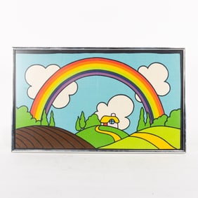 A framed textile fragment "Rainbow" By Jan Pienkowski for Finlandia