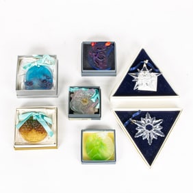 Five Daum pate de verre glass Christmas holiday ornaments and two Swarovski ornaments