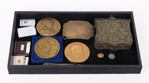 An assembled group, including a Wells Fargo buckle and cartridge box