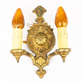 A Spanish Revival patinated metal two light wall sconce