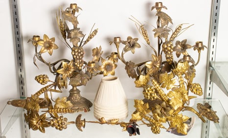 A group of Continental gilt brass altar candleabra and sconces