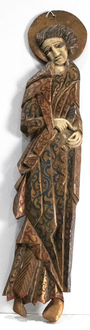 A Modern polychrome and gilt relief figure of a saint: A Modern polychrome and gilt relief figure of a saint, depicted crowned with halo and wearing gilt robes, 30"h