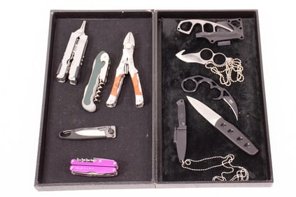 A group of five multi-tools and five everyday carry neck knives with sheaths