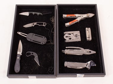 A group of five multi-tools and five everyday carry neck knives with sheaths