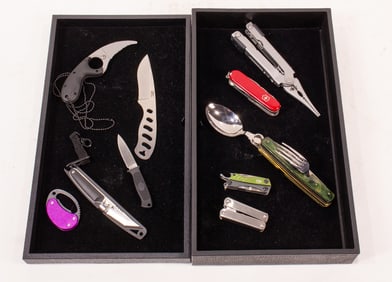 A group of five multi-tools and five everyday carry neck knives with sheaths