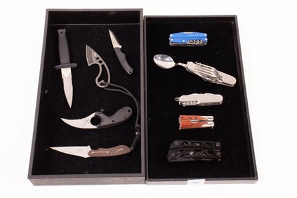 A group of five multi-tools and five everyday carry neck knives with sheaths