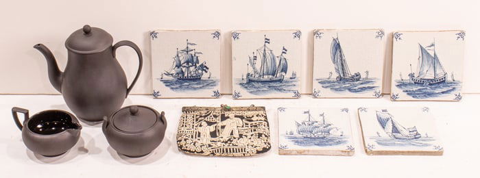 An assembled group, including Wedgwood basalt coffee set and six Dutch Delft tiles