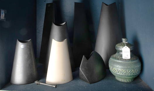 A collection of seven Modernist ceramic vases: A collection of seven Modernist ceramic vases, one with applied label for Evangeline, Labelle, Canada, between 7" and 19.5"h, together with an Italian pottery jar with incised decoration, 10"h [8 tota