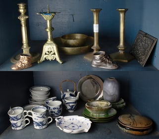 An assembled group of  Fritz & Floyd porcelain together with brass and pottery articles