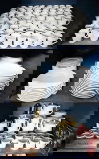 A large assembled white ceramic dinner service: A large assembled white ceramic dinner service, including Vertex, Kemilworth and others comprising (53) large bowls; (10) chargers; (120) coffee cups; (48) saucers; (2) coffee pots; (3) tea pots, [app