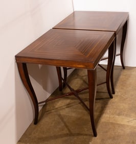 Two wood side tables with geometric veneer design, 26