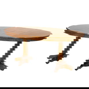 A custom made Danish Modern style quilted  narra mahogany double pedestal dining table: A custom made Danish Modern style quilted narra mahogany double pedestal dining table, Philippines 1964, the highly figured top having two 12" leaves and rising on octagonal supports resting on shoe f