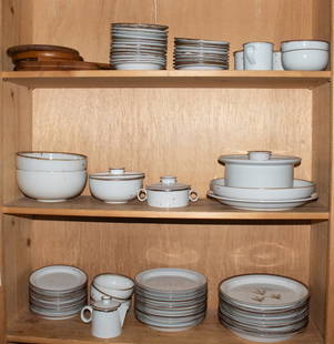 A Niels Refsgaard for Dansk Designs porcelain dinner service in the 'Brown Mist' pattern: A Niels Refsgaard for Dansk Designs porcelain dinner service in the 'Brown Mist' pattern, comprising (10) dinner plates; (12) luncheon plates; (11) salad plates; (4) mugs; (2) large serving bowls; (1)