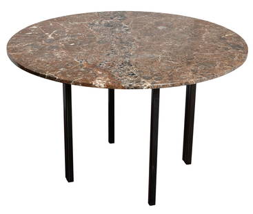 A contemporary marble and metal dining table: A Contemporary marble and metal dining table, the highly polished beech specimen round top, rising on a recessed a H frame, raised on shaped legs, joined by cross stretchers, extended 29"h x 48"w