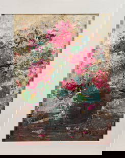 Painting, American School (20th century): American School (20th century), "Pink Geraniums," 1970, oil on canvas board, signed "Moses" lower right, titled verso, overall (with frame): 14"h x 11"w