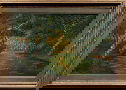 Painting, American School (20th century): American School (20th century), Wooded River Scene, oil on canvas, signed "F. Bartells" lower left, overall (with frame): 29.5"h x 40"w
