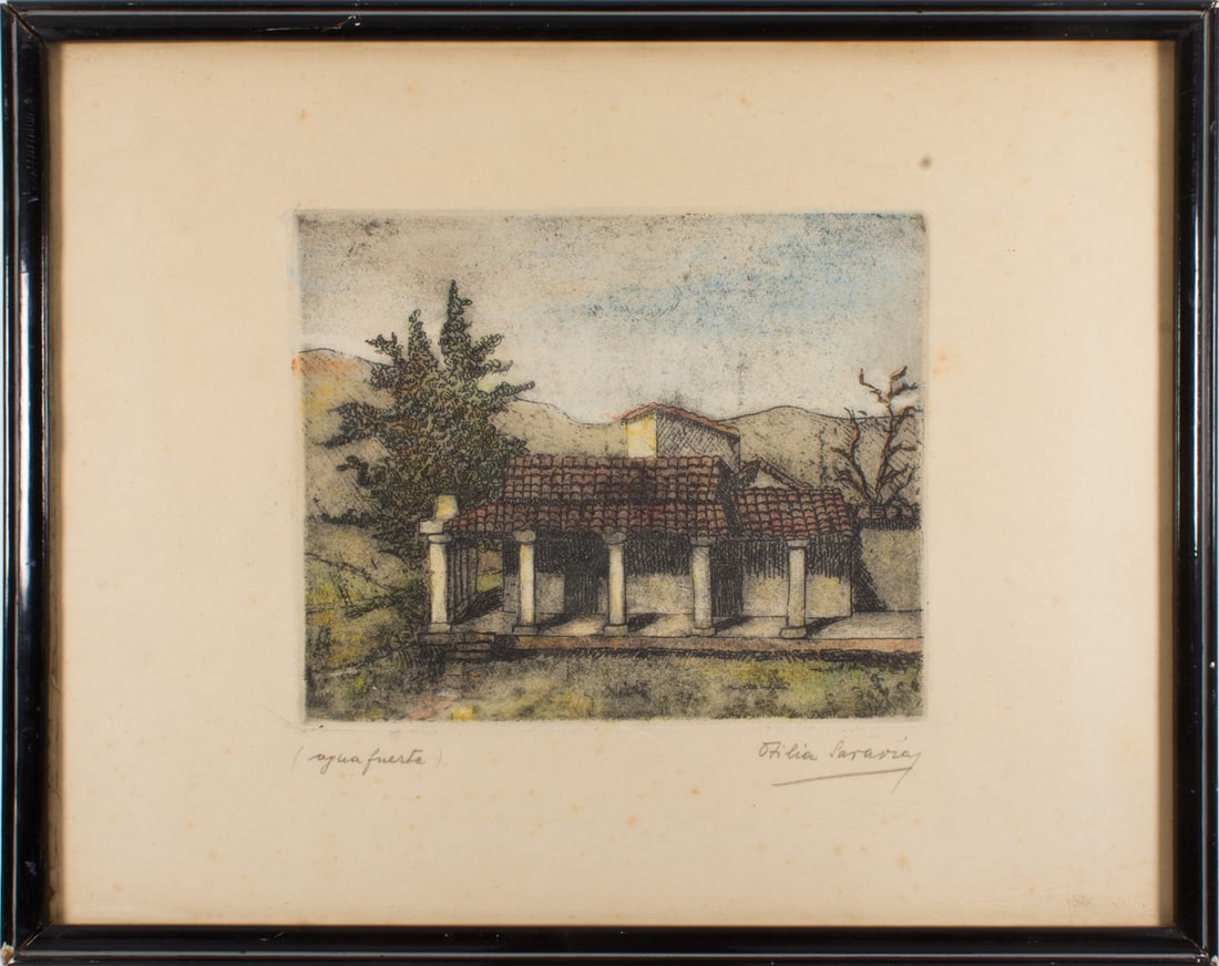 Print, Spanish School (20th century): Spanish School (20th century), "Augua Fuerte," etching, pencil signed "Ofilia Saravia" lower right, titled lower left, overall (with frame): 12"h x 15"w