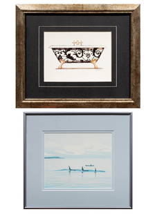 Prints, After Roy Henry Vickers and After Marco Fabiano: (lot of 2) After Roy Henry Vickers (Canadian, b. 1946) and After Marco Fabiano (Italian, 20th century), "Trial Island" and Untitled (Bathtub), offset prints, overall (with frame, for larger): 12.75"h