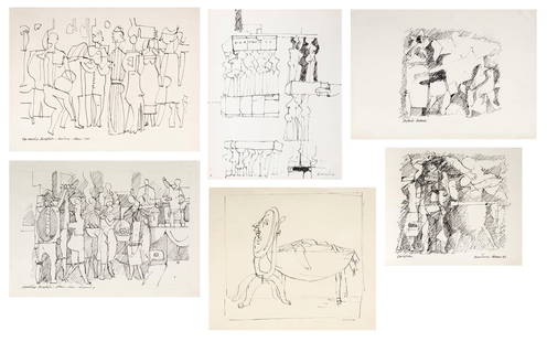 Works on paper, Edgar Louis Ewing: (lot of 6) Edgar Louis Ewing (American, 1913-2006), Various Titles, c. 1980, set of inks on paper, 3 signed, sheet (unframed, for largest): 15.25"h x 21"w